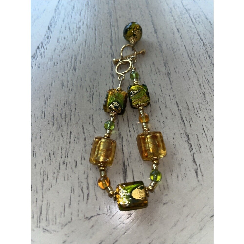 Vintage Murano Style Art Charm Bracelet | Gold Foil Chunky Beads 8”